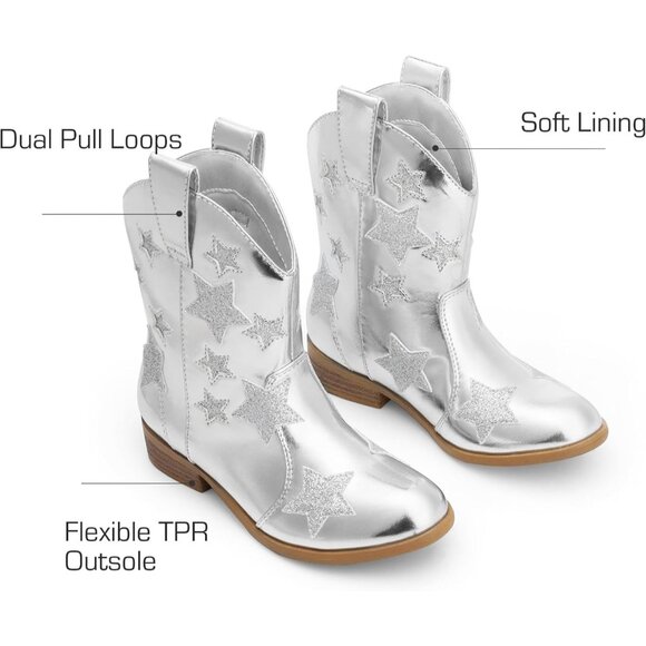 Girls Silver Cowgirl Mid Calf Glitter Western Boots Toddler Star Riding Shoes - Picture 3 of 6